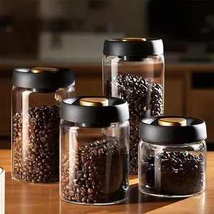 Gold and Black Coffee Storage Jar, Vacuum Sealed Glass Storage Jar with Press Lid, Suitable for Storing Coffee Beans, Tea Leaves, and Powder, Moisture-Proof Container, Suitable for Home and Office Use