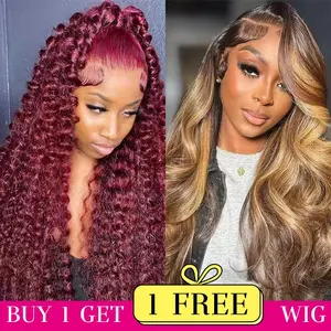 [Combo sale 26"&26"] buy 1 get 2 wig" 26Inch 13x4 Jerry Curly 99J Hair Lace Front Wigs + 13x4 26lnch Body waveHuman Hair Hair Pre Plucked HD Transparent Lace FrontalHuman Hair Wigs180% Density Black Fabric Hair Elastic