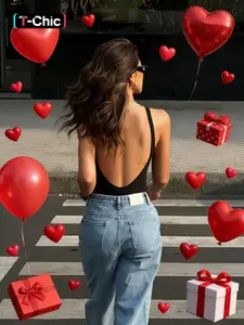 Women's Slim-Fitting Backless Jumpsuit in Solid Color, Deep U Neck Sleeveless Strap Bodysuit for Valentine's Day, Sexy Fashion Style