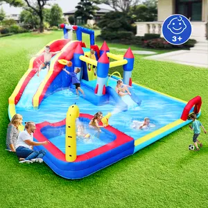 SAVEYOUR 10-in-1 Inflatable Water Park Bounce House, Outdoor Garden Inflatable Slide with Splash Pool, Water Gun, Basketball Hoop, Climbing Wall, Dual Pools & Soccer Game