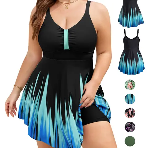UMIPUBO Women's Plus Size 1-Piece Swimsuit - Summer Retro Flowy Skirted Swim Dress, Push-Up V-Neck Ruffle Beachwear Swimdress with Shorts, Bathing Suit for SwimWeek, Flowy Swimdress