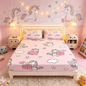 Unicorn Series Fitted Sheet 3-Piece Set (1 Fitted Sheet + 2 Pillowcases, No Pillow Inserts Included), Cartoon Dreamy Style, Breathable Deep Pocket Design, Soft Skin-Friendly Fabric, Ideal for Teens’  Girls’ Bedroom Decor, Perfect for Birthday/Holiday Gift