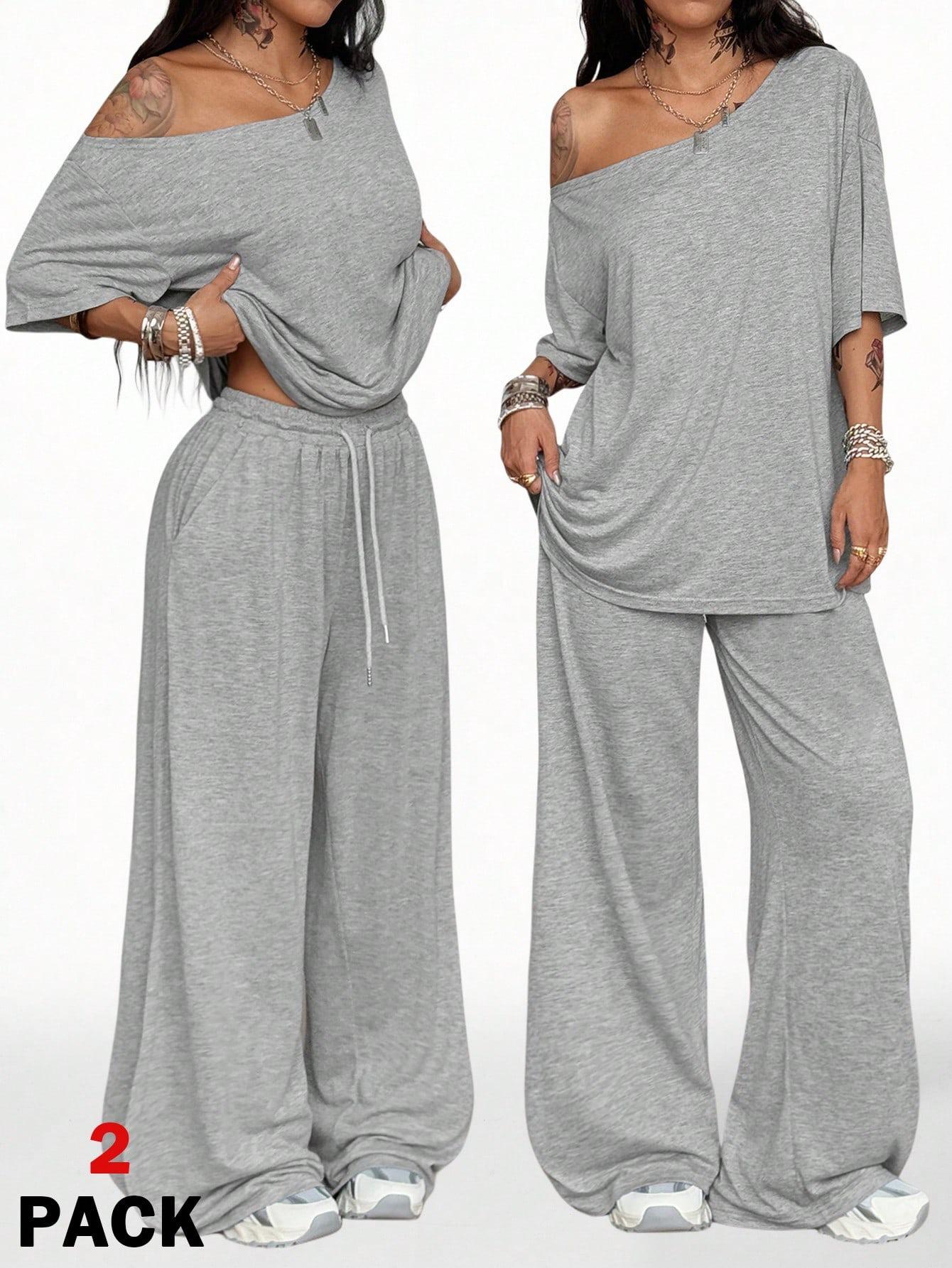 Women's Casual Solid Color Sport Two-Piece Set, Loose Long Pants & Wide Leg Slant Neck Pant Suit, Spring & Fall Fashion