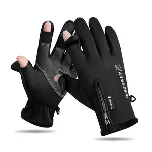 Gloves autumn and winter gloves flip leak two fingers touch screen zipper fishing riding outdoor sports velvet cold and warm