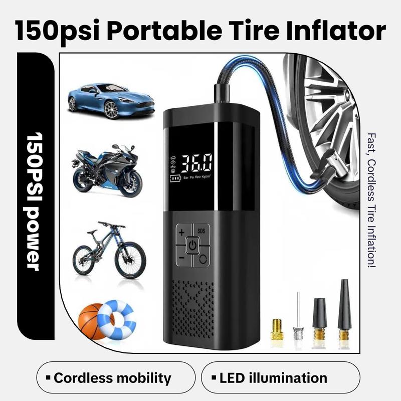 Portable Tire Inflator Air Compressor, Tire Inflator Tool,150psi Car Tyre Pump, LCD Pressure Display, Fast One-Button Smart Wireless Pump