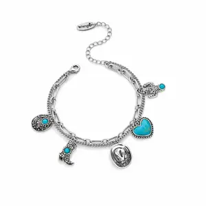 Wrangler 14k Gold/Silver Plated Western Cowboy Charm Bracelet Adjustable Layered Chain with Boot Hat Cactus & Heart Charms Boho Southwestern Fashion Jewelry