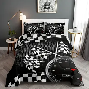 Black White Checkered Flag Bed Comforter Set,Racing Car Theme Super Soft Microfiber Bedding Set for Girls Boys,Honeycomb Geometric Decorative Quilter Set