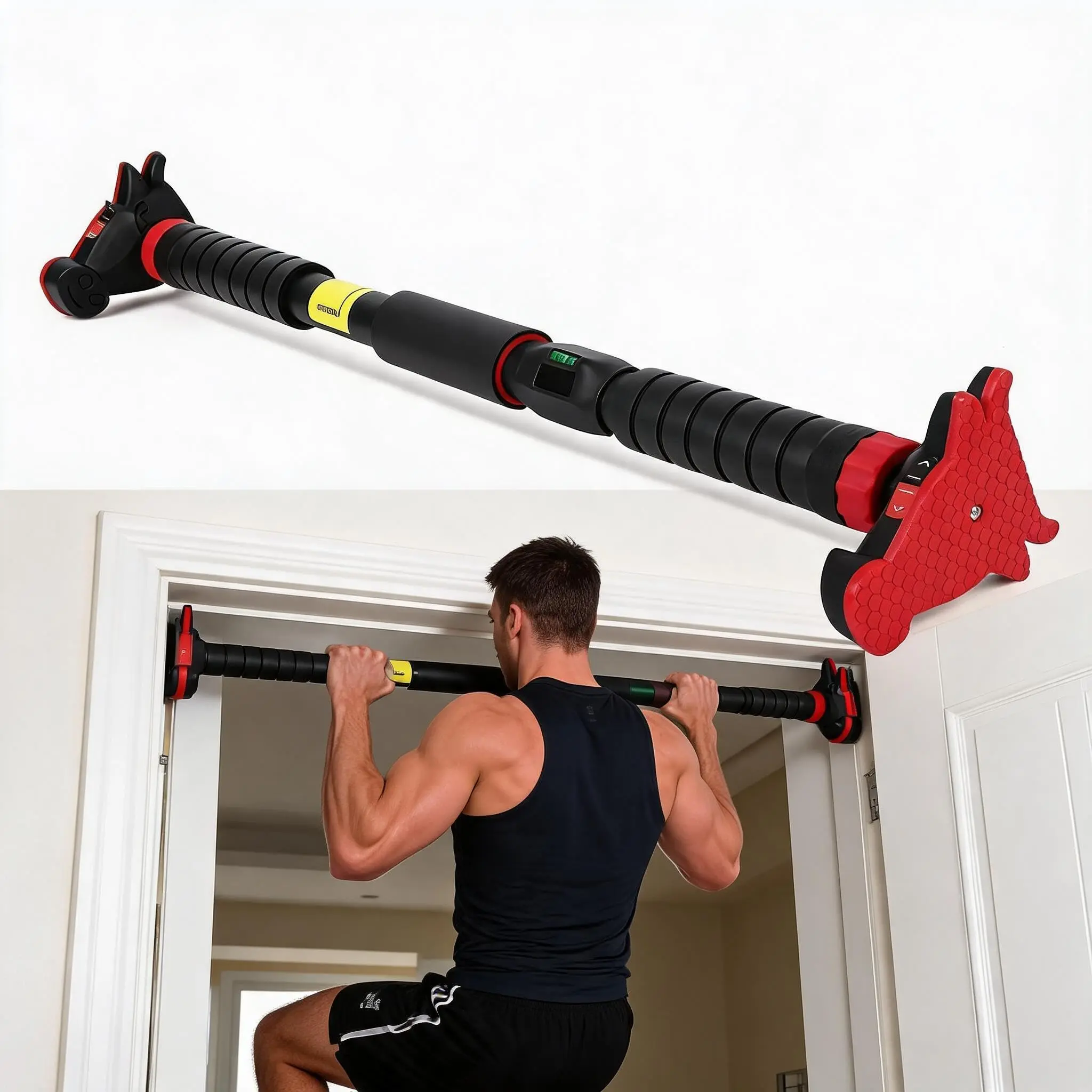 GARVEE Adjustable No-Screw Doorway Pull-Up Bar for Home Gym with Anti-Slip Design, Level Meter, and Maximum Load Capacity of 420-440 lbs for Strength Training