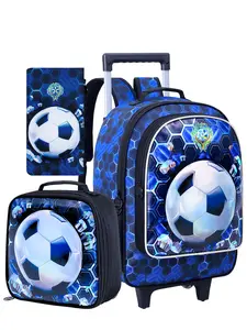 3PCS Rolling Backpack for Boys, Soccer Roller School Bookbag with Lunch Bag, Football Wheeled Backpacks for Teens Boys Elementary Trave