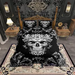 Gothic Skull Comforter Set,Grey Floral Skeleton Halloween Bedding Set,Victorian Baroque Gothic Down Comforter for All Season,Kids Boys Girls Teens Room Decor,No Sheets