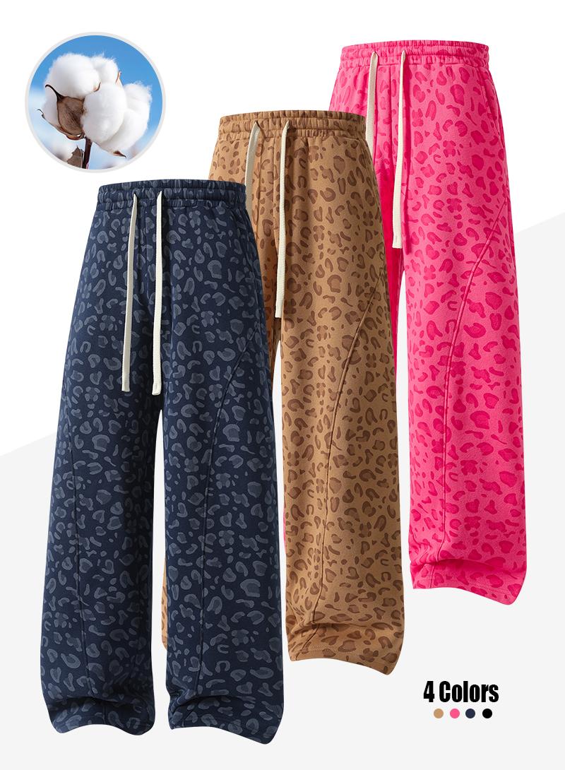 Men’s leopard-print casual trousers with side pockets, lightweight and breathable soft fabric, loose comfortable casual sweatpants, ideal for daily wear and all-year running