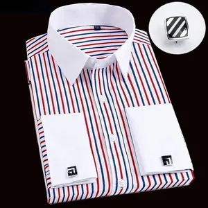 Men's French cufflink shirt long sleeved spring style multi-color collar high collar slim fit collar formal striped shirt Top 80-3_Menswear Casual