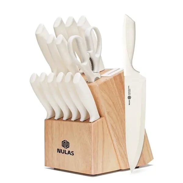 14-Piece Kitchen Knife Block Set with Built-In Sharpener, High Carbon Stainless Steel Nonstick Knives, Dishwasher Safe, Beige