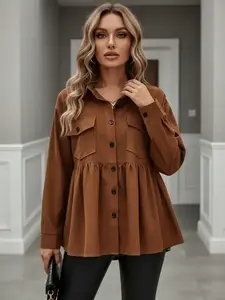 【Plus Size】Flap Pocket Ruffle Hem Button Front Shirt Blouses, Casual Long Sleeve Collared Peplum Top for Fall & Winter, Women's Clothes for Daily Wear