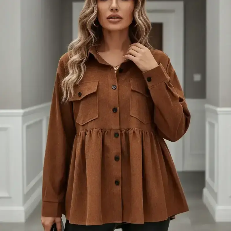 【Black Friday】Plus-Size Flap-Pocket Button-Front Peplum Blouse, Casual Collared Long-Sleeve Women's Top for Fall and Winter, Feminine Style for Daily Wear