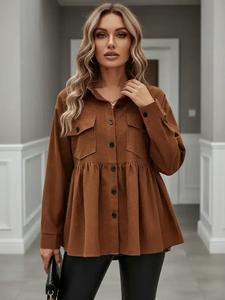 【plus size】flap pocket ruffle hem button front shirt, casual long sleeve collared peplum top for fall & winter, women's clothes for daily wear