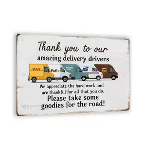 Thank You Delivery Driver Sign – 8x12 Vintage Metal Porch Decor With Cartoon Trucks, Treat Station Appreciation Gift For FedEx UPS Amazon.Office Gift Decorative Plaque Print Tin Lightweight Farmhouse Door Sign,Perfect gift for Mother’s Day