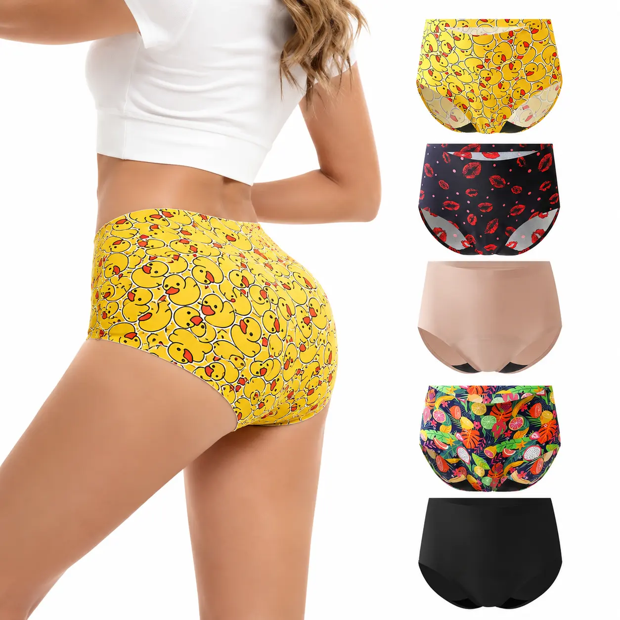 5-PCS, Women's period panties (available in high-waisted and mid-waisted styles); stretchy, snug fit (suitable for heavy flow); ideal for postpartum use.
