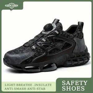 Men's Plus Size Safety Shoes with Rotating Buckle - Steel Toe, Puncture-Resistant, Breathable Mesh Upper, Anti-Smash & Anti-Stab Design, Comfortable Non-Slip Work Sneakers for Industrial & Outdoor Use