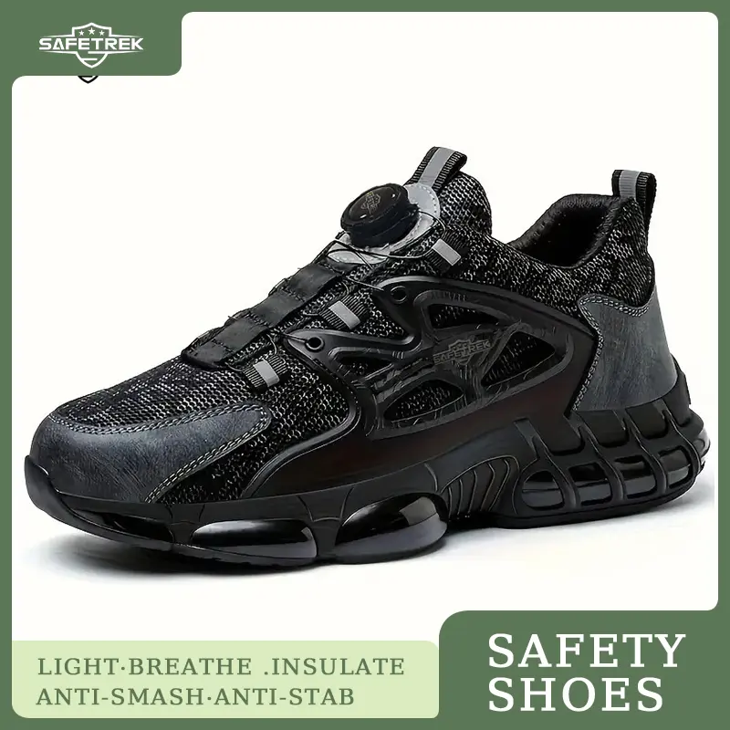 Men's Plus Size Safety Shoes with Rotating Buckle - Steel Toe, Puncture-Resistant, Breathable Mesh Upper, Anti-Smash & Anti-Stab Design, Comfortable Non-Slip Work Sneakers for Industrial & Outdoor Use