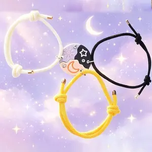 Magnetic Sun Moon Star Matching Ajustable Bracelet Set for 3, Puzzle BFF Friendship Bracelets with Rhinestone Charm, Best Friend & Sister Jewelry Gift for Birthday, Anniversary & Valentine's Day