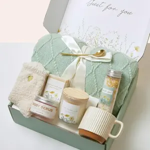Emberwave "Just Hugs" Cream & Sage Green Spa Gift Basket - Gentle Neutral-Tone Self Care Set for Women with Ribbed Ceramic Mug, Scented Candle & Knit Blanket | Mom Gift for Birthday, Get Well Care Package, Sympathy & Teacher Appreciation Gifts 2026