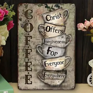Vintage Coffee Metal Sign Christ Offers Forgiveness For Everyone Rustic Farmhouse Decor Kitchen Wall Art Coffee Lover Gift Retro Tin Sign Coffee Shop Sign Galvanized Iron Wall Art Home Decor