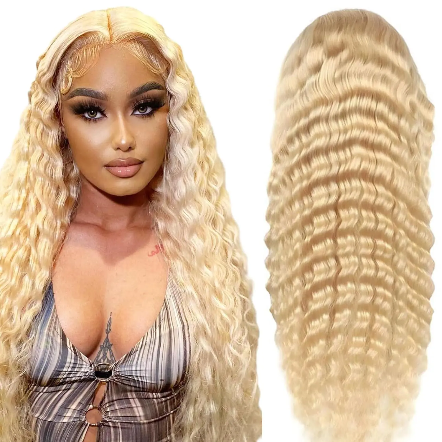 HCDIVA Women's 40in 613 Transparent Lace Front Human Hair Wig, 13X4 Pre-Plucked 180% Density Deep Wave Blonde Wig, Heat-Resistant for Females, 40 Inch