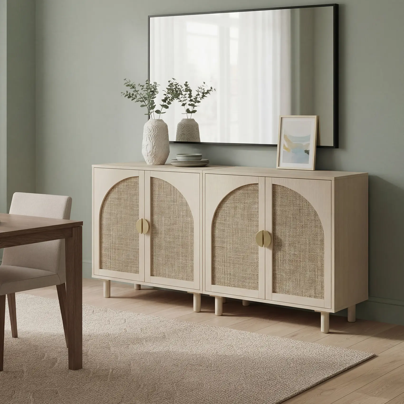 Oakault Rattan Sideboard Buffet Cabinet with Storage, Wooden Storage Cabinet with Doors and Adjustable Shelves, Boho Cabinet with Curved Door for Living Room, Kitchen, Entryway (Beige)