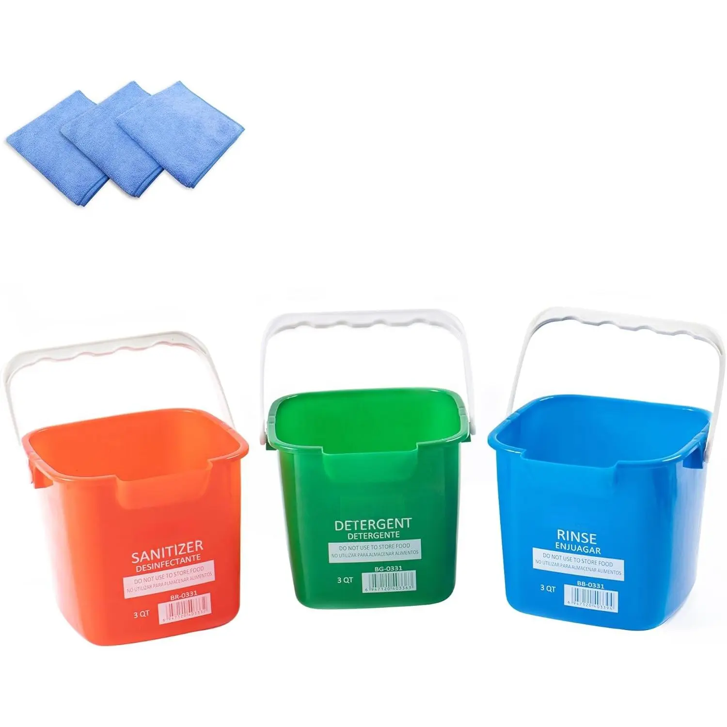 Red&Green&Blue Detergent and Sanitizing  Bucket 3 Quart  Pail,Set of 3 Square Containers,Built-In Spout w/Handle,Wash Rinse Sanitize Handwash Bucket,Incl.3Pcs Microfiber Cloths