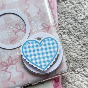 Blue Gingham Heart MagSafe Phone Grip – Cute Aesthetic Magnetic Pop Socket & Kickstand – Girly Gift
