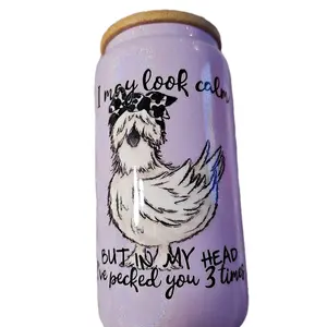 I May Look Calm But I've Pecked You 3 Times Glittery Purple Cup with Chicken Design