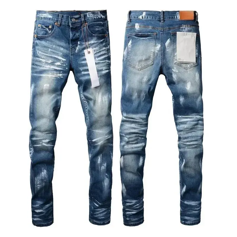 Zhengyu Shop Male Low-Waist Slim Fit Ripped Painted Blue Denim Pants, Distressed Fashion Jeans for Sports & Outdoor Wear