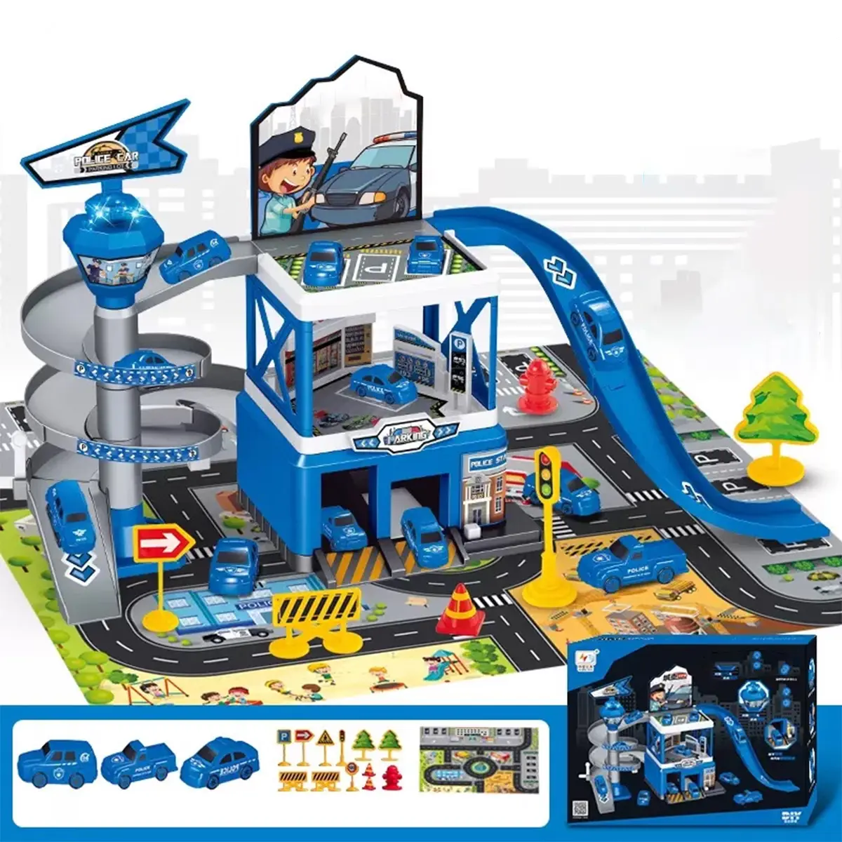 Race Track Playset Toys for Kids with 3 Mini Car Ramp Track Adventure Car Garage Parking Toy Set for Creative Play Assembled Track Parking Lot