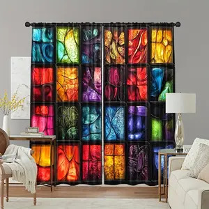 2-piece set, stained glass curtains - semi-transparent privacy sunshade, with rod mouth design, easy installation, suitable for living room, bedroom, door - modern home decoration, suitable for Christmas theme decoration, Christmas supplies