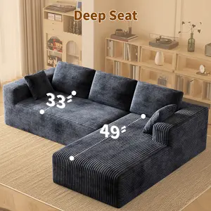 Modular Corduroy Cloud Deep Seat [2-Piece Set] Stylish Boneless Velvet Sofa with Comfortable Chaise Modern L-Shaped Sectional Sofa for Living Room Bedroom Apartment Lounge No Assembly Required