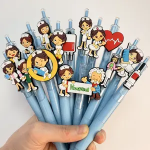 30/50Pcs medical theme cartoon press neutral pen, doctor nurse silicone patch styling signature pen, light blue pen body smooth writing ballpoint pen, hospital office writing exclusive office gift pen Ballpoint Pen Set (15/25 pens + 15/25 refills)