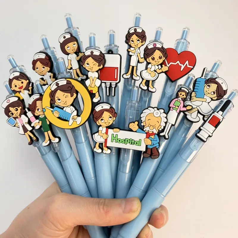 30/50Pcs medical theme cartoon press neutral pen, doctor nurse silicone patch styling signature pen, light blue pen body smooth writing ballpoint pen, hospital office writing exclusive office gift pen Ballpoint Pen Set (15/25 pens + 15/25 refills)