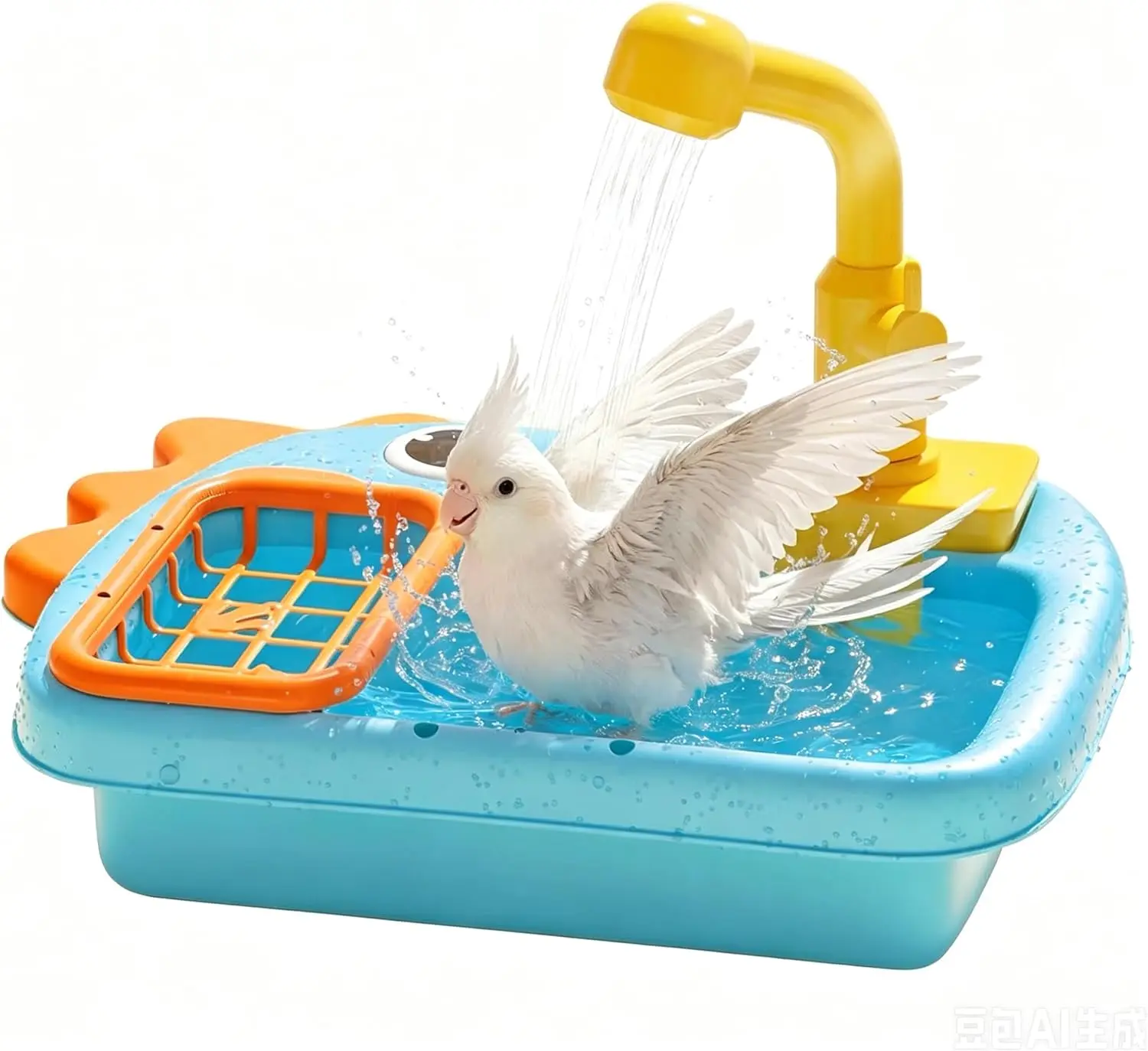 Bird Bathing Tub with Automatic Watering Faucet, Parrot Automatic Circulating Shower with Top Spray, Battery Operated Parakeet Bath for Small Birds, Indoor Bird Bath for Cockatiel Lovebird Budgie