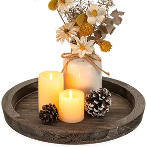 Wooden Tray for Coffee Table: Candle Holder Plate Round Decorative Serving Tray - Vintage Table Centerpiece Rustic Farmhouse Home Decor