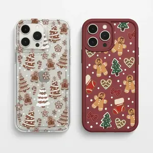 Christmas Gingerbread Man TPU Phone Case Bundle, Clear and Burgundy Anti-Drop Covers for iPhone 15 Pro & 16 Pro, 2pcs Shockproof Protective Case for Women and Teens