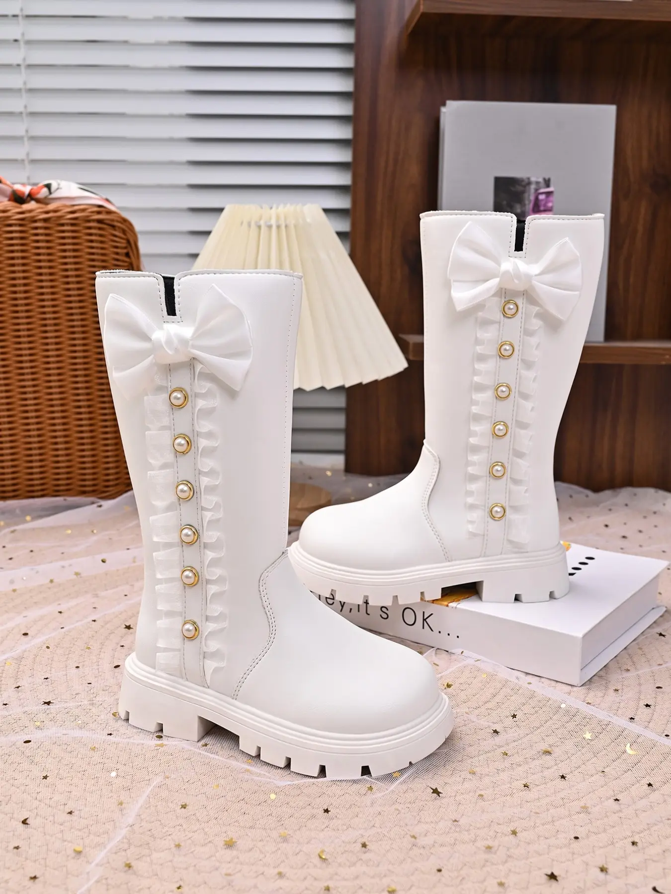 Bow Pearl Mid-Calf Boots, Unisex Back Zip Soft Sole Anti-Slip Knight Boots, Multi-Color Fall Winter Casual Shoes