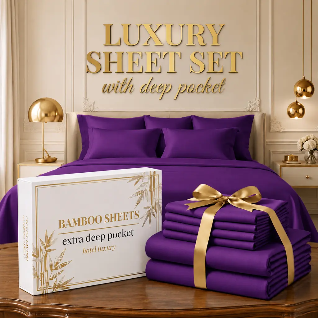 3/4-Piece Cool-to-the-Touch Bamboo Sheet Set - Breathable, Durable Luxury Hotel Bedding for Thick Mattresses, Includes Pillowcases, Fitted & Flat Sheets, All-Season Machine Washable for Bedroom/Dorm