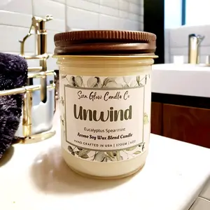 UNWIND|EUCALYPTUS SPEARMINT|SCENTED 6OZ SOY WAX BLEND CANDLE