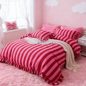 Cute Striped Vintage Ruffle Bedding Set, 3 Piece Set Includes 1 Duvet Cover + 2 Pillowcases No Insert, Cozy Bedroom Decor, All Seasons Use