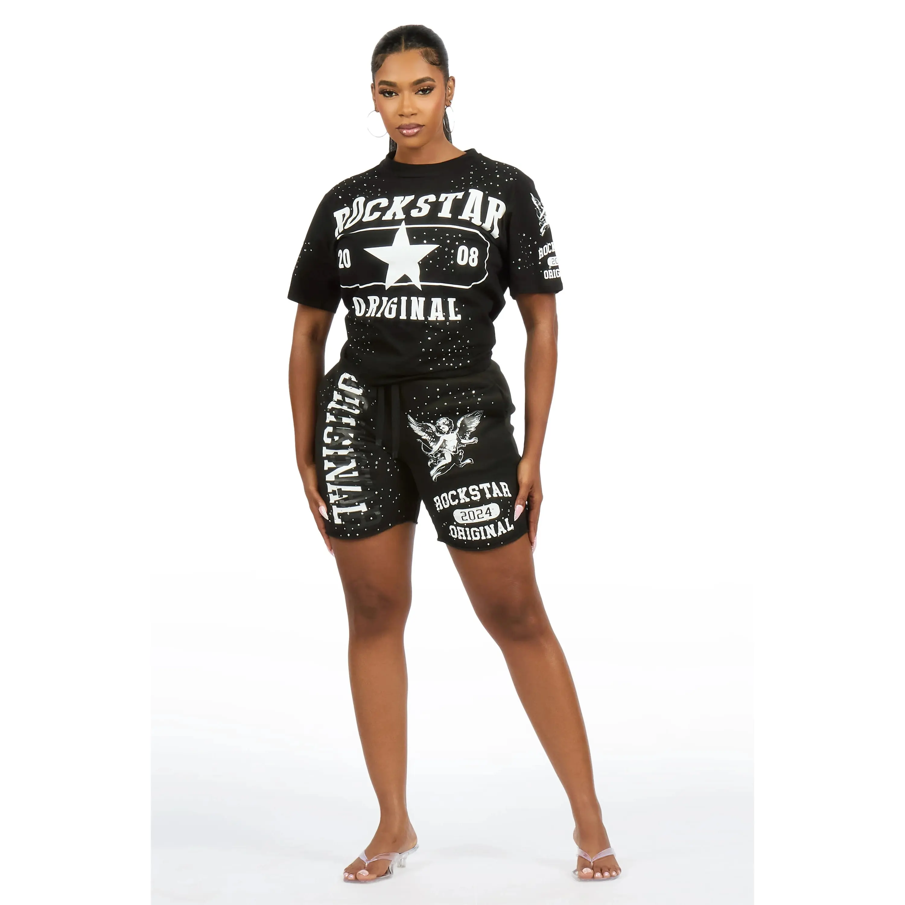 Kyesha Black Rhinestone T-Shirt Short Set