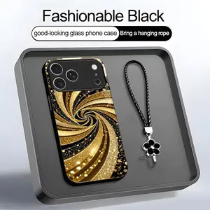 Luxury Liquid Gold Swirl Glitter Fluid Art Aesthetic Phone Case with Lanyard for iPhone 17 Pro--975