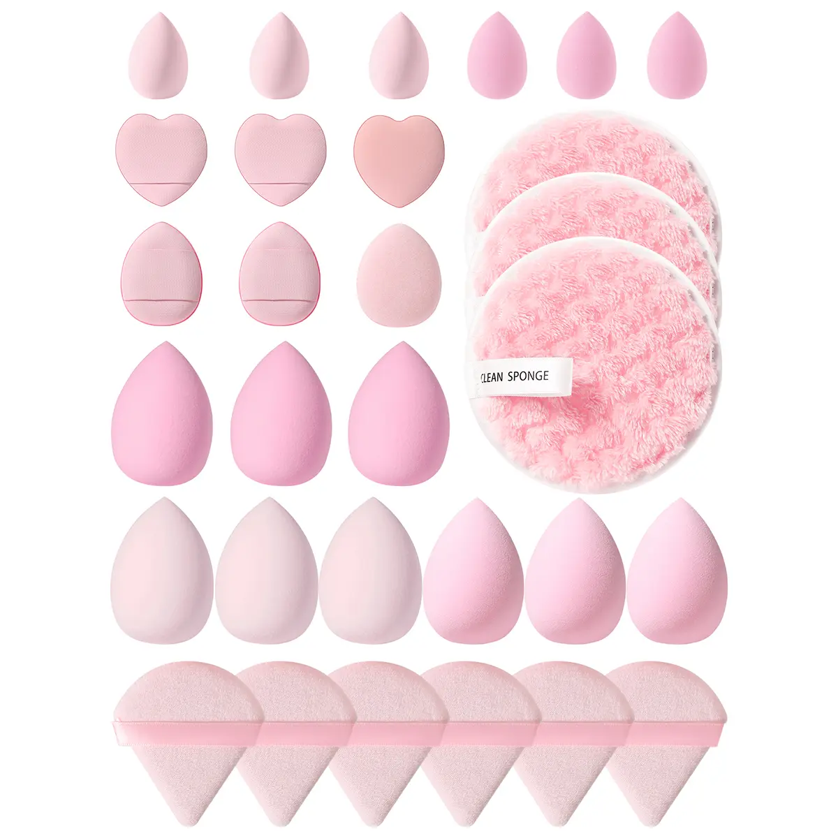 30Pcs Gradient Pink Makeup Sponge Accessory Set,Multi Size Teardrop & Heart Beauty eggs,make tool sets，Triangle Flocking Powder Puffs,3Pcs Reusable Makeup Remover Clean Pads Complete Beginner Makeup Tool Kit