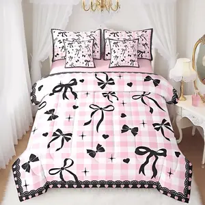 7 Pieces Black Bow Comforter Set for Kids Girls Bowknot Bedding,White Pink Plaid Check for Young Woman,Sweet Love Lace Stripes Comforter+Fitted+Flat Sheet+2 Pillowcases+2 Throw Pillow Covers