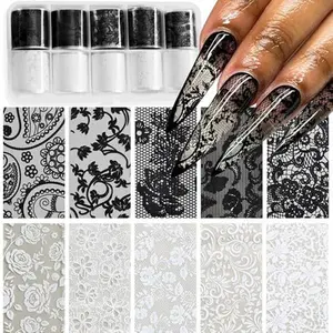 Lace Nail Foil Sheets, 10 Rolls Black White Flower Nail Foils Transfer Nail Art Stickers Holographic Foils for Nail Design Decals DIY Nail Art Supplies